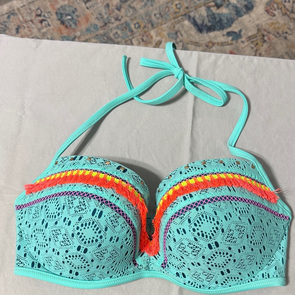 Shade & Shore Turquoise Crochet Bikini Top with Neon Trim